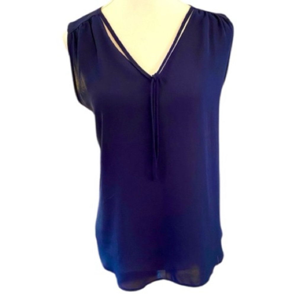 LOFT Navy Tie-Neck Sleeveless Blouse S – Sheer Front, Flowy Knit Back, Work-Chic - Picture 2 of 7